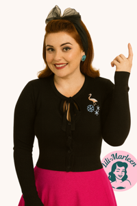 Jean Flamingo – Sort Cardigan med Flamingo og Sløjfedetalje